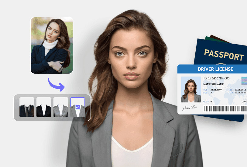Habillez-vous instantanément pour votre photo d'identité grâce à notre fonction AI Outfit, adaptée aux documents officiels.